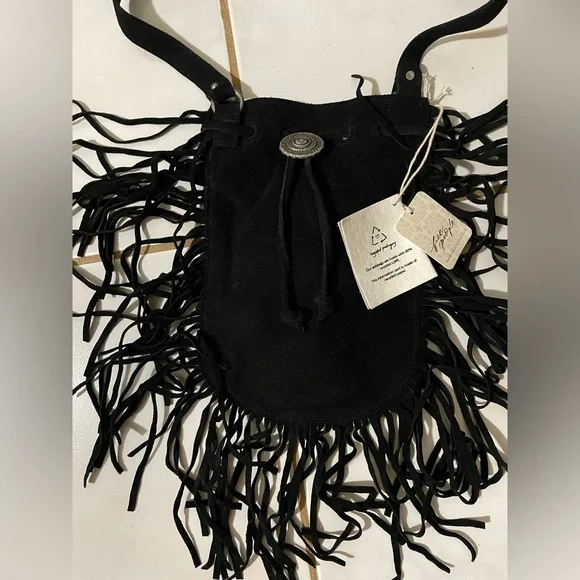 Free People (New With Tags) Suede Fringe Black Crossbody Bag - Picture 3 of 6